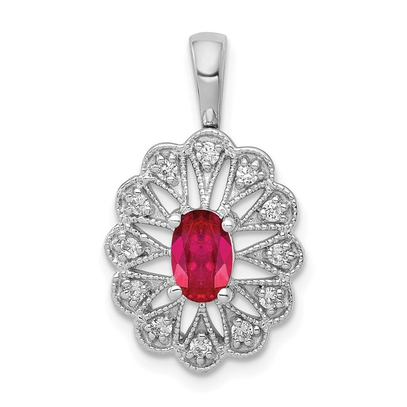 14k White Gold 1/6ct. Diamond & .70 Red Ruby Fancy Necklace Charm Pendant - Picture 1 of 4